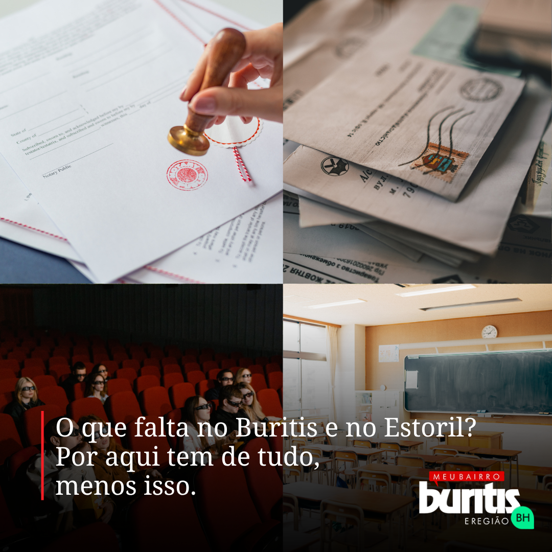 Colagem representando cartório, correios, cinema e sala de aula