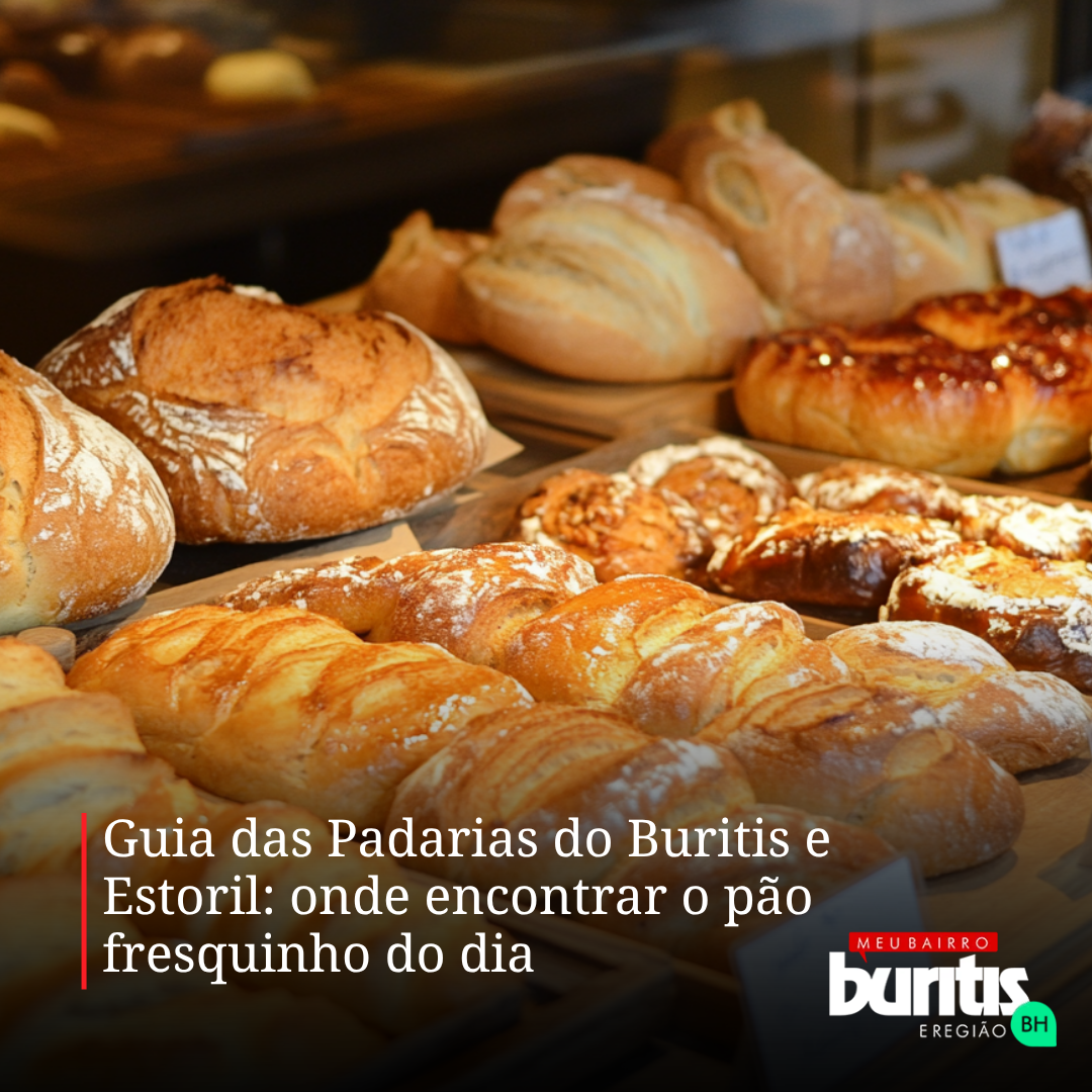 Pães variados recém-assados numa vitrine de padaria